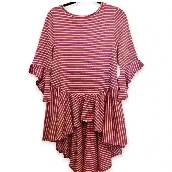 Mia Joy Maroon Striped Hi-Low Peplum Tunic Size 12 Short Sleeve - Picture 1 of 5